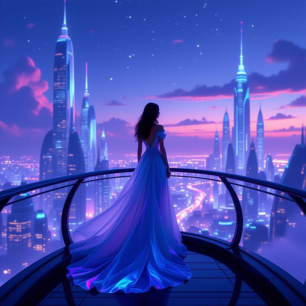 Woman on Sky-Bridge Over Futuristic City at Twilight
