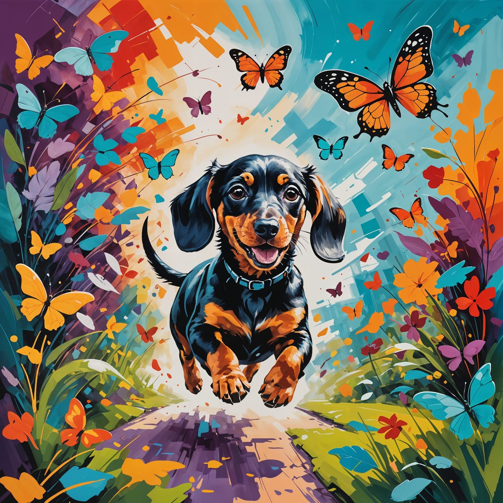 Whimsical Dachshund Puppy Chasing Butterfly in Abstract Land...