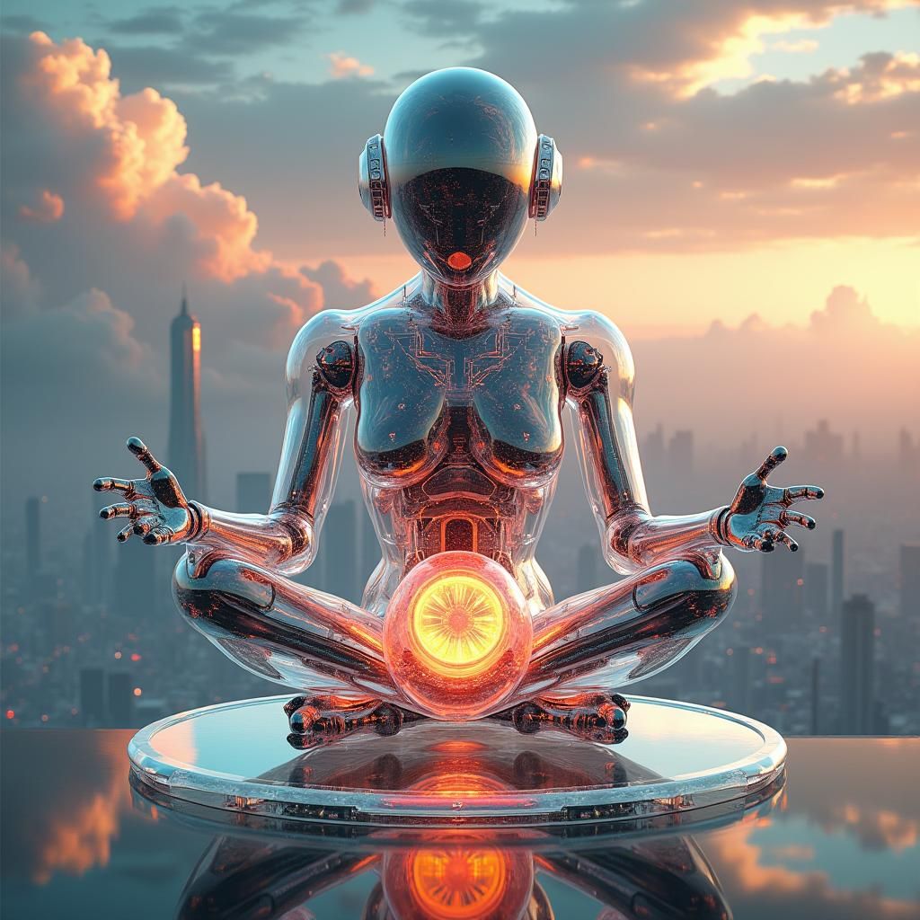 Glass Robot Sits Cross-Legged on Floating Glass Disk in Futu...