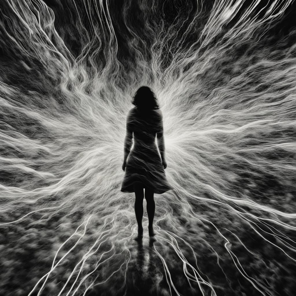 Surrealist Figure Dances in Glitchcore Storm