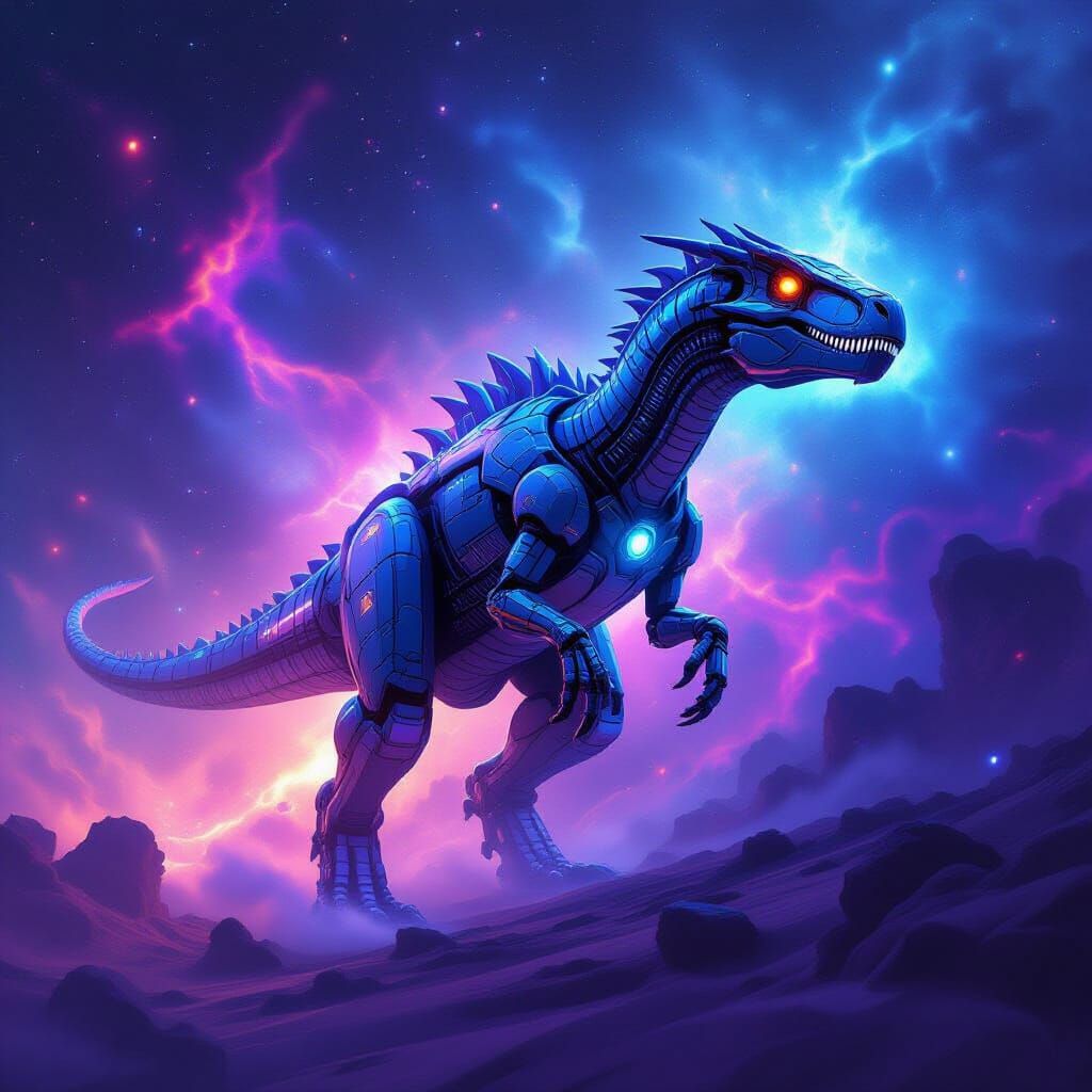 Robotic Dinosaur in Cosmic Nebula, Digital Art