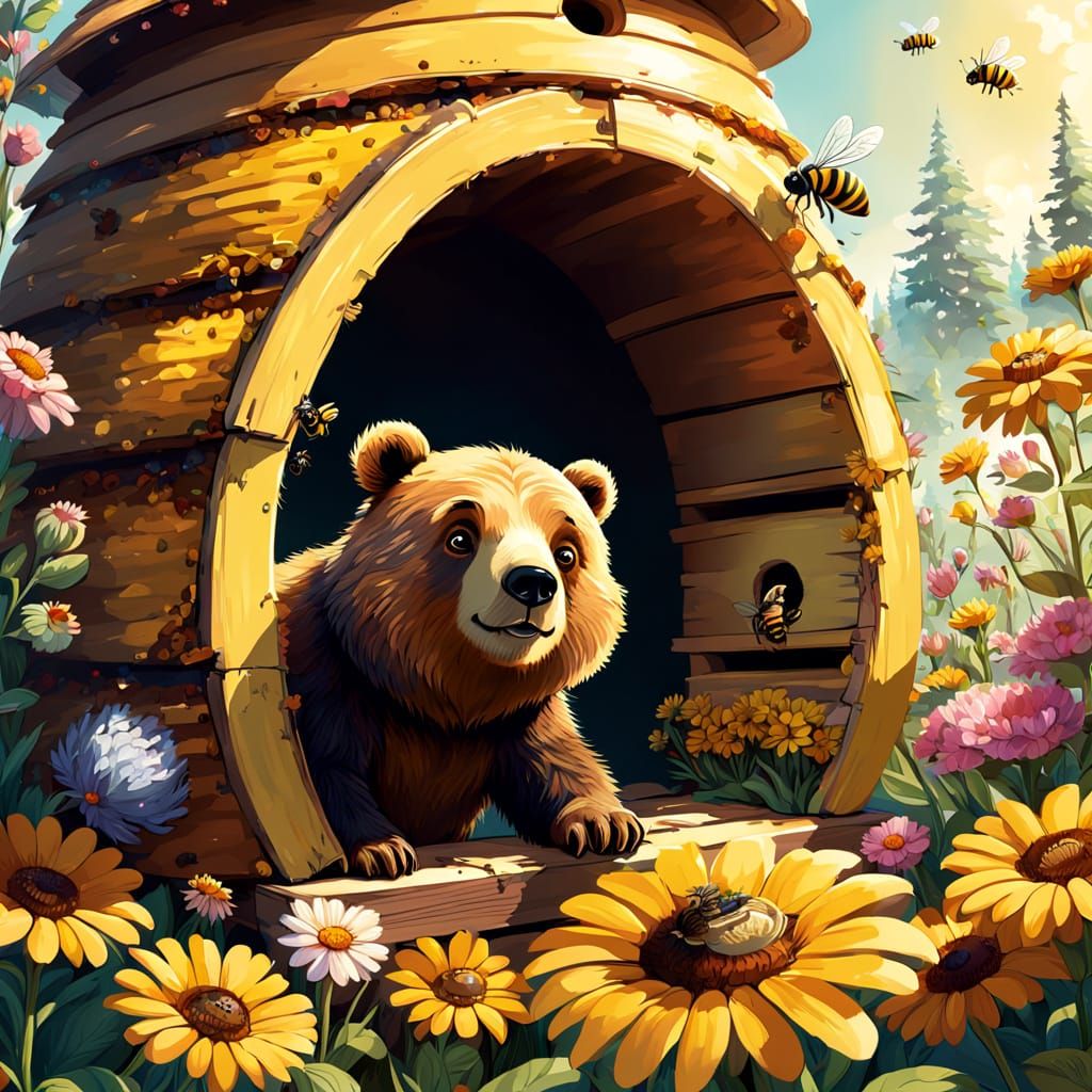 Anthropomorphic Bear and Bee in Whimsical Style