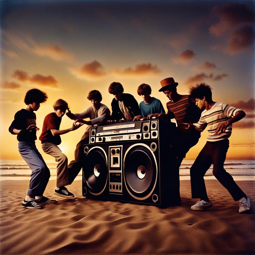Breakdancers at Sunset Beach in Photorealistic Style