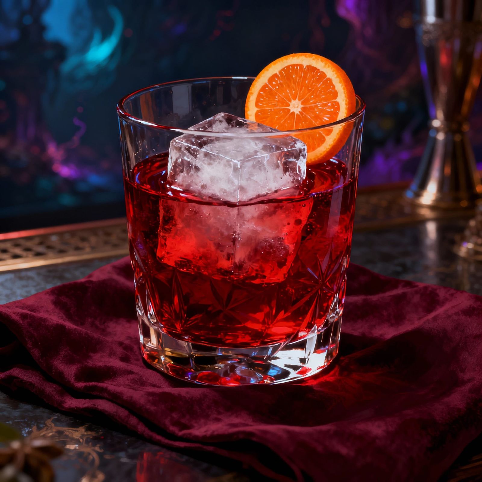 Elegant Red Drink in Rocks Glass on Burgundy Cloth
