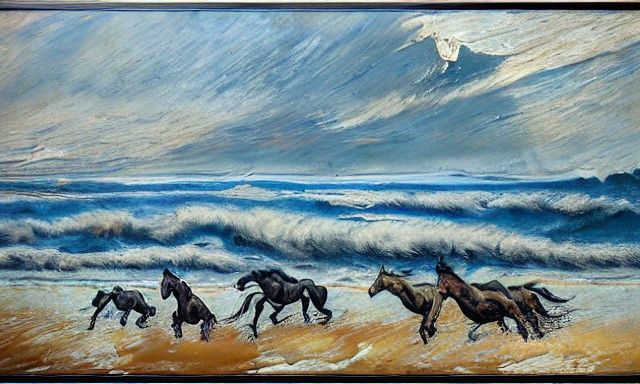 Demonic Horses Galloping Through a Puddle in Vibrant Impasto...