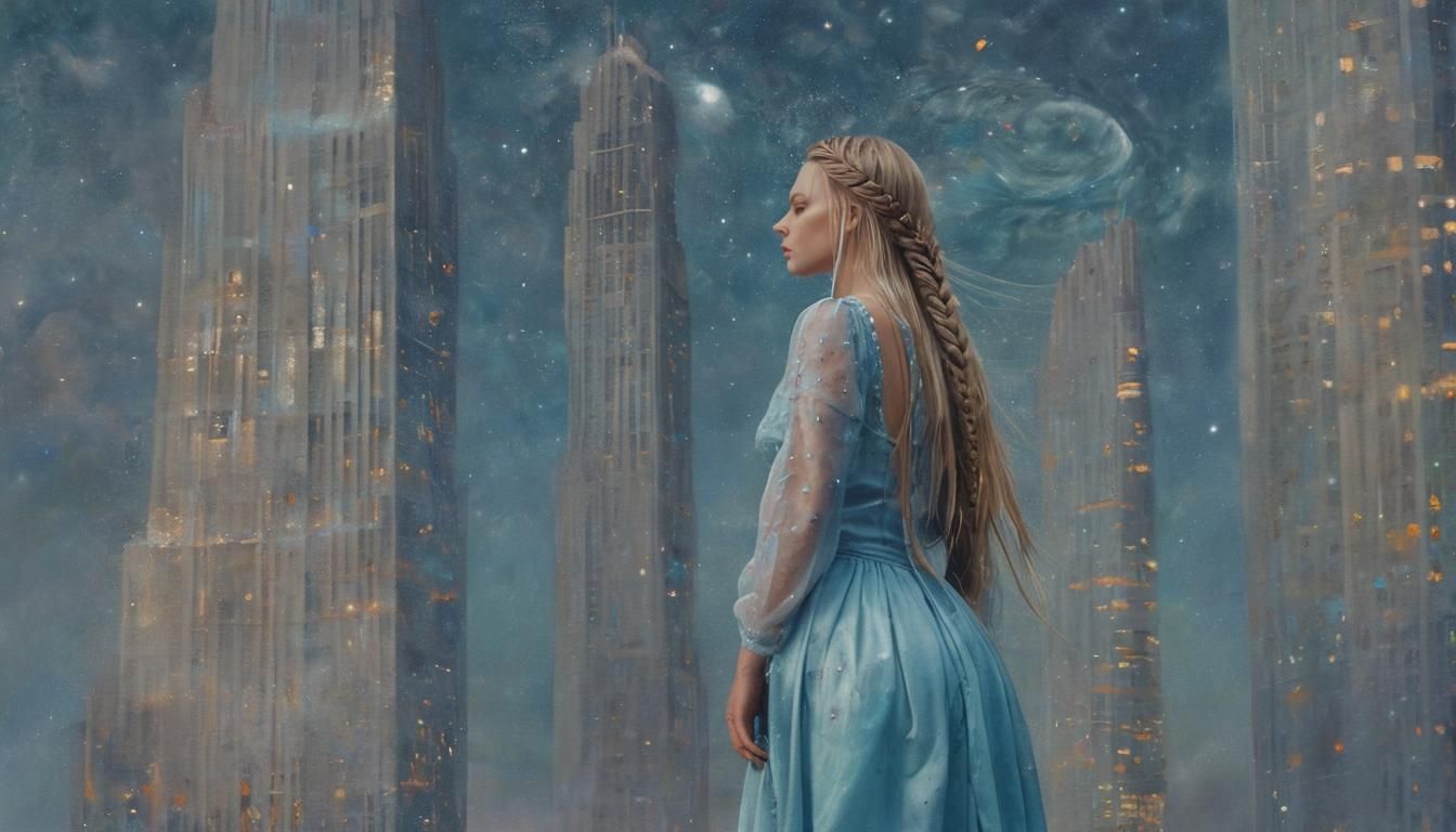 Ethereal Woman Ascends a Cosmic Skyscraper in Vibrant Oil Pa...