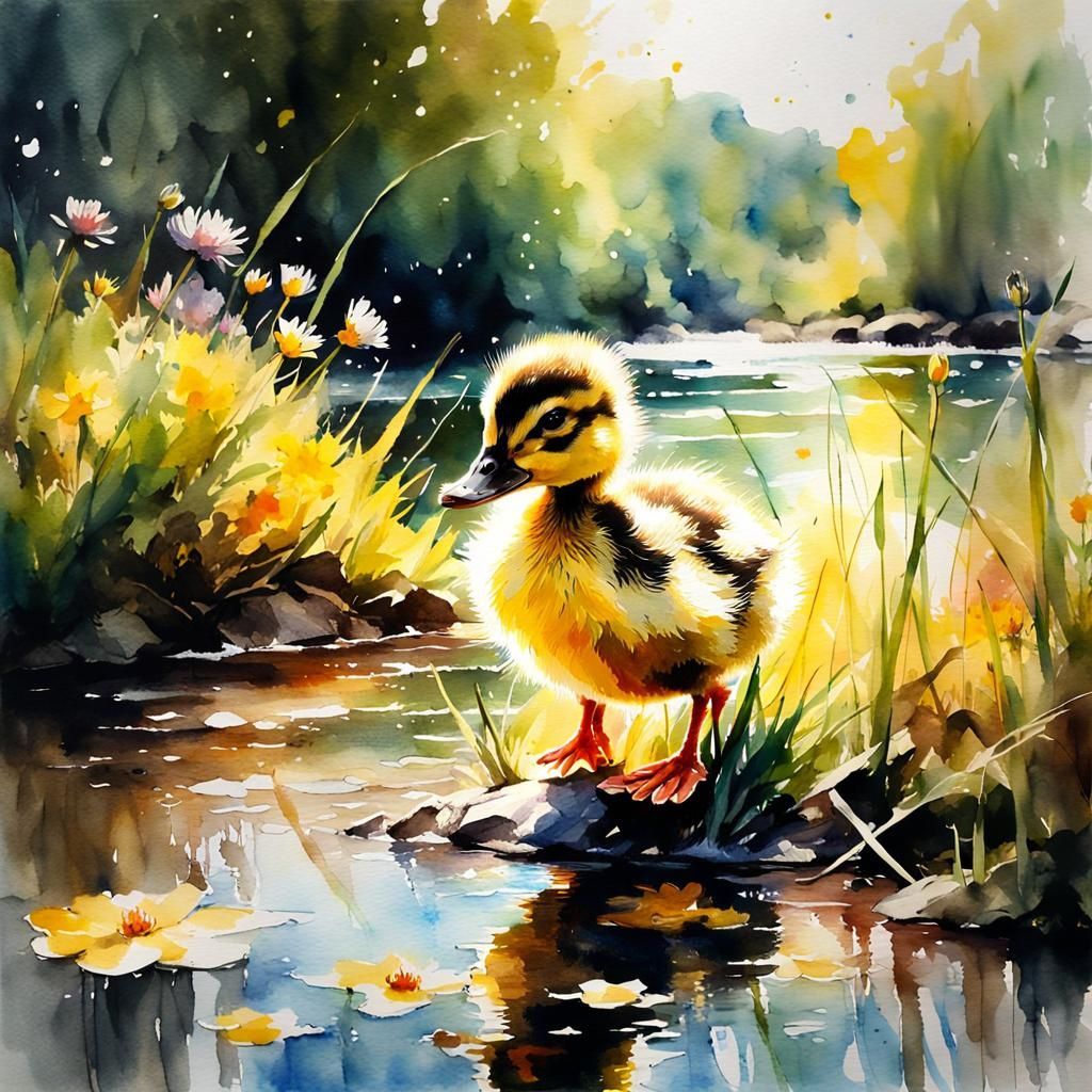 Vibrant Baby Duckling Standing in a Breathtaking Watercolor....