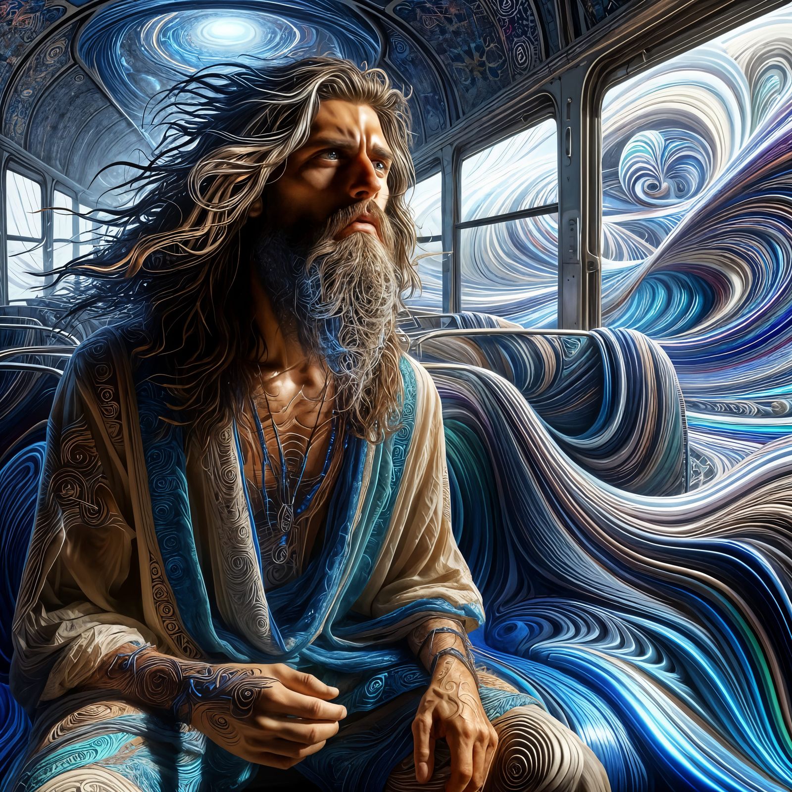 Man Rides Psychedelic Bus in Surreal Environment