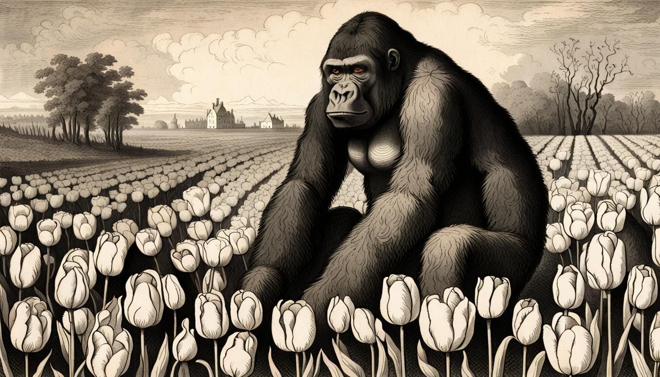 Gorilla in 18th Century Etching Style with Robotic Spiders