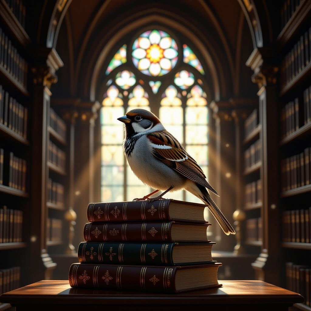 Sparrow on Ancient Books in Grand Library, Matte Painting St...