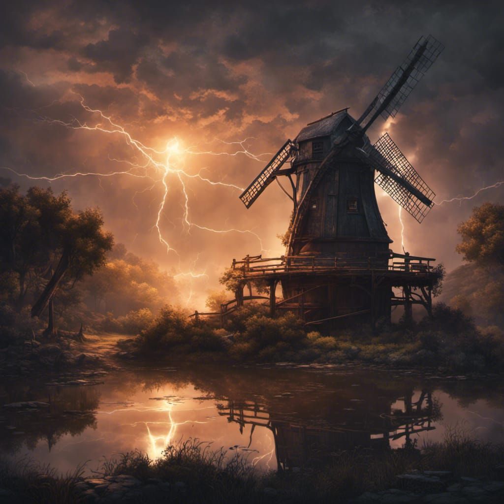 Dark Fantasy Windmill Masterpiece in Stormy Landscape
