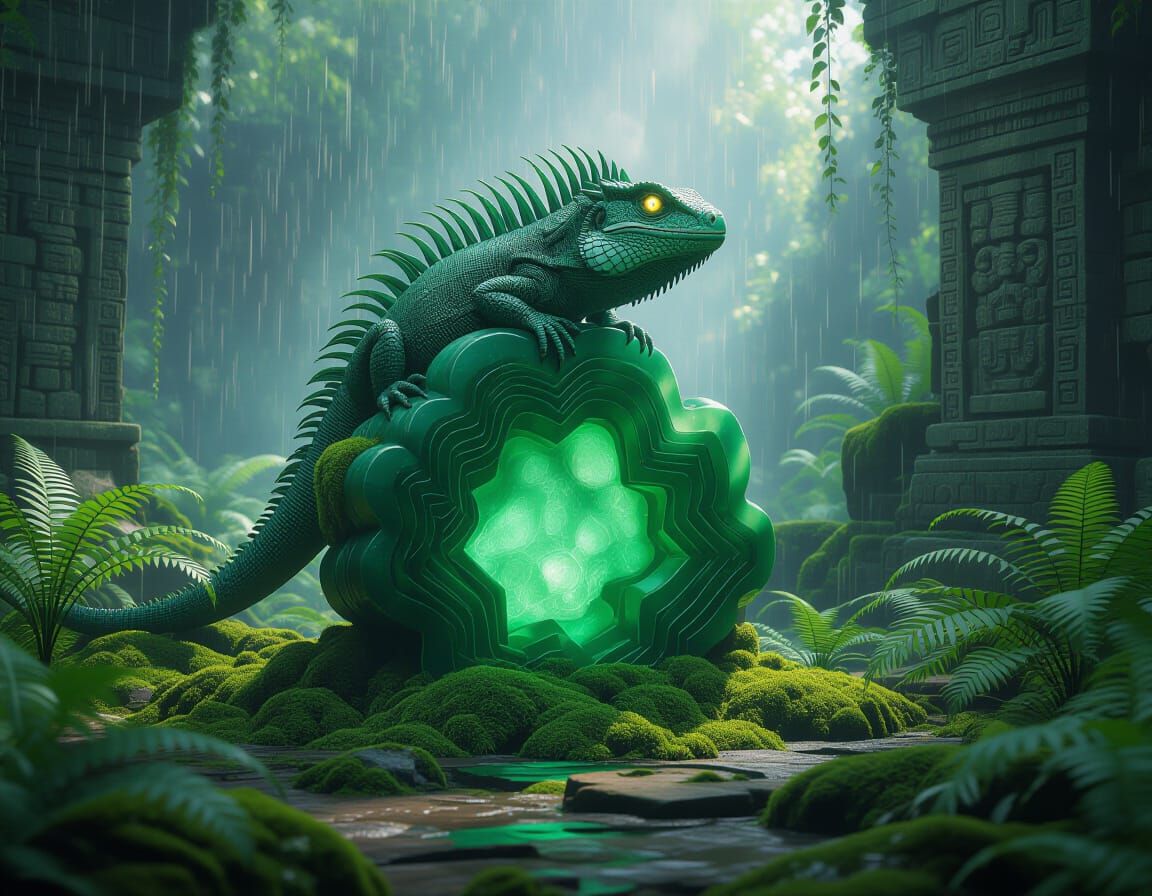 Luminous Jade in Maya Ruins with Alien Lizard