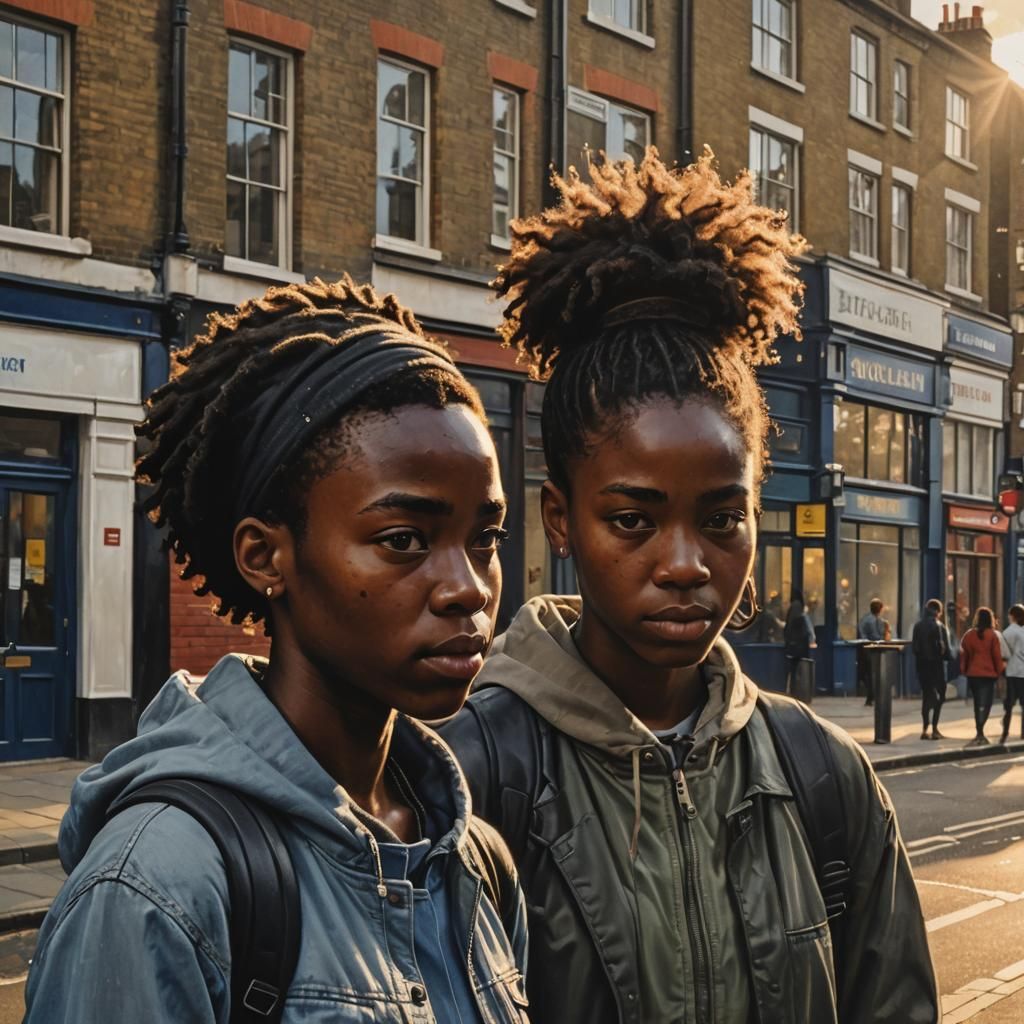 London Evening Street Scene with Teenagers