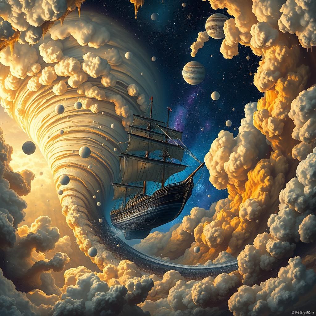 Surreal Cosmic Scene with Steampunk Elements in a Swirling T...