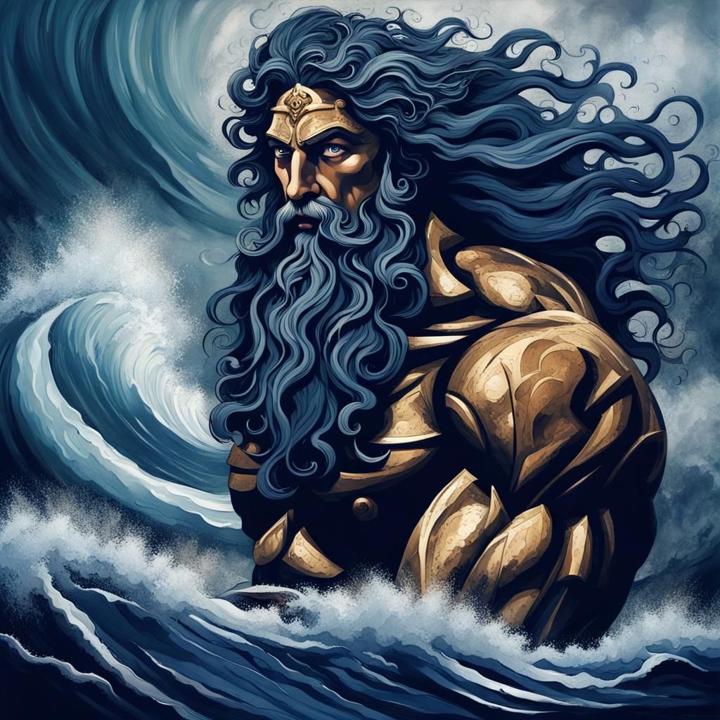 Ancient Greek God of the Sea Rises from the Stormy Waves