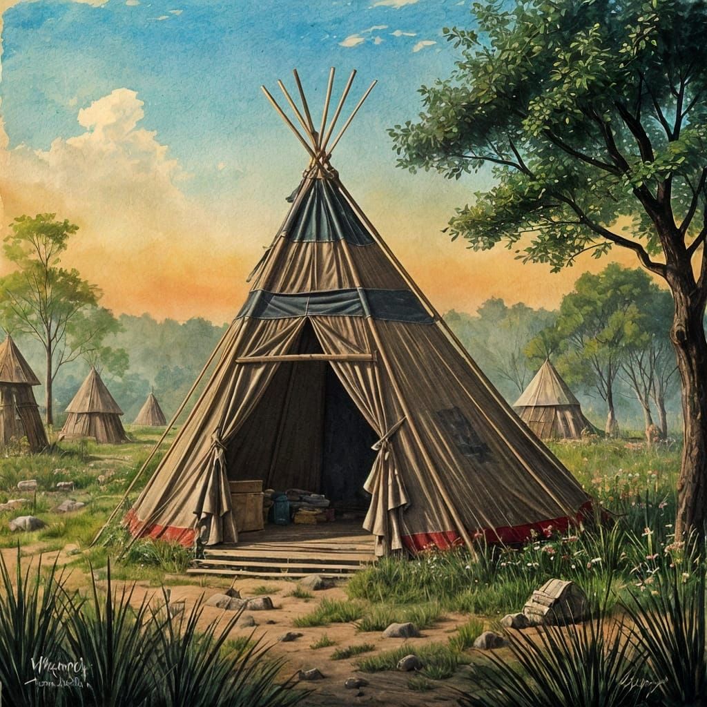 Native American Village in Ink Painting Style
