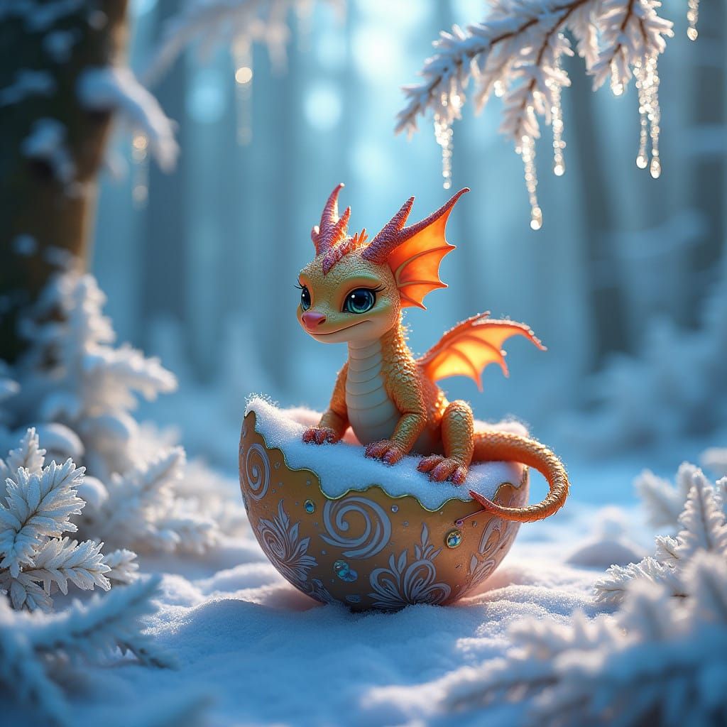 Whimsical Baby Dragon in Iridescent Scales Hatching from Gem...