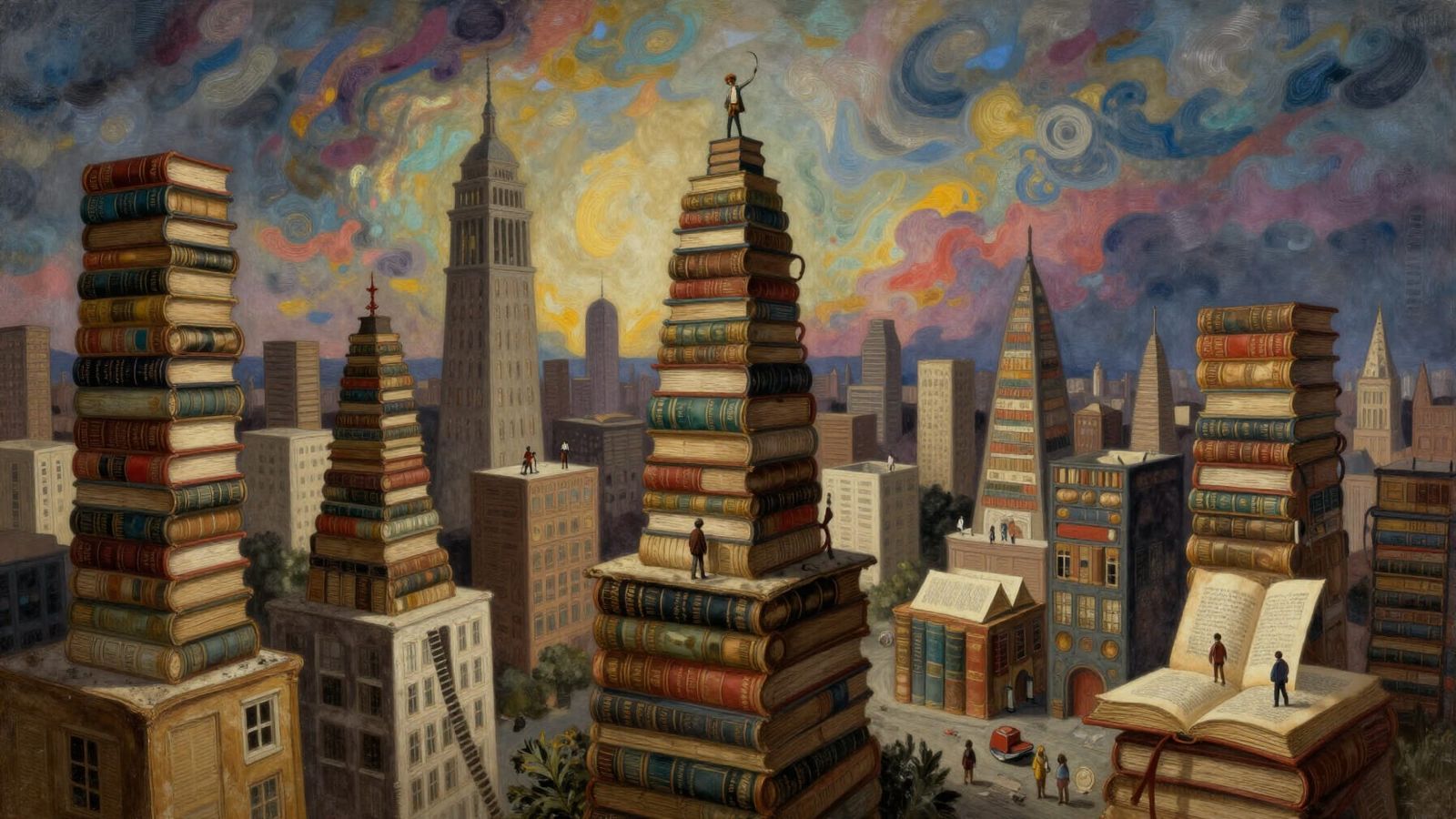 Fantastical Cityscape Built of Books in Surreal Style