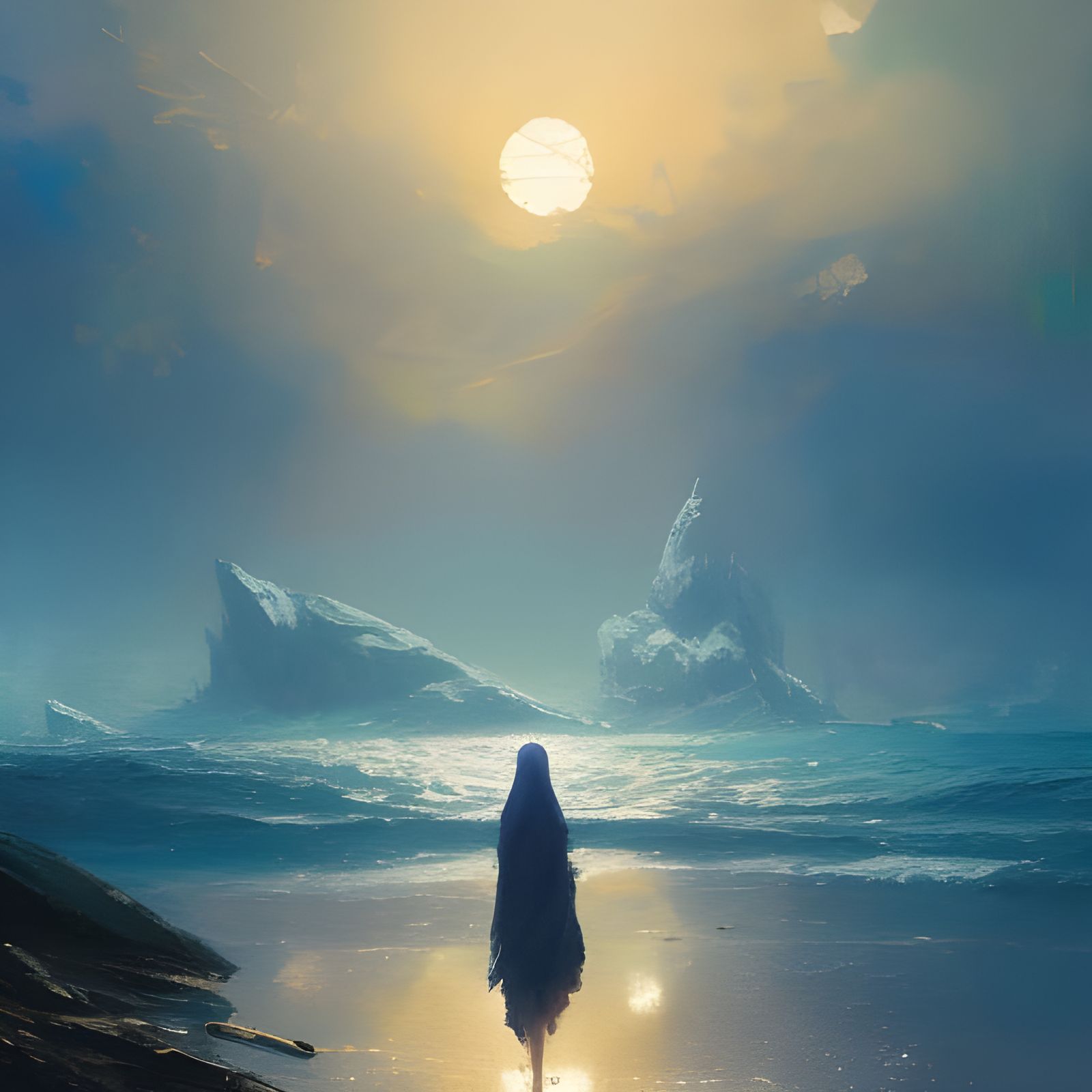 Cloaked Girl at Sunset: Colorful Matte Painting