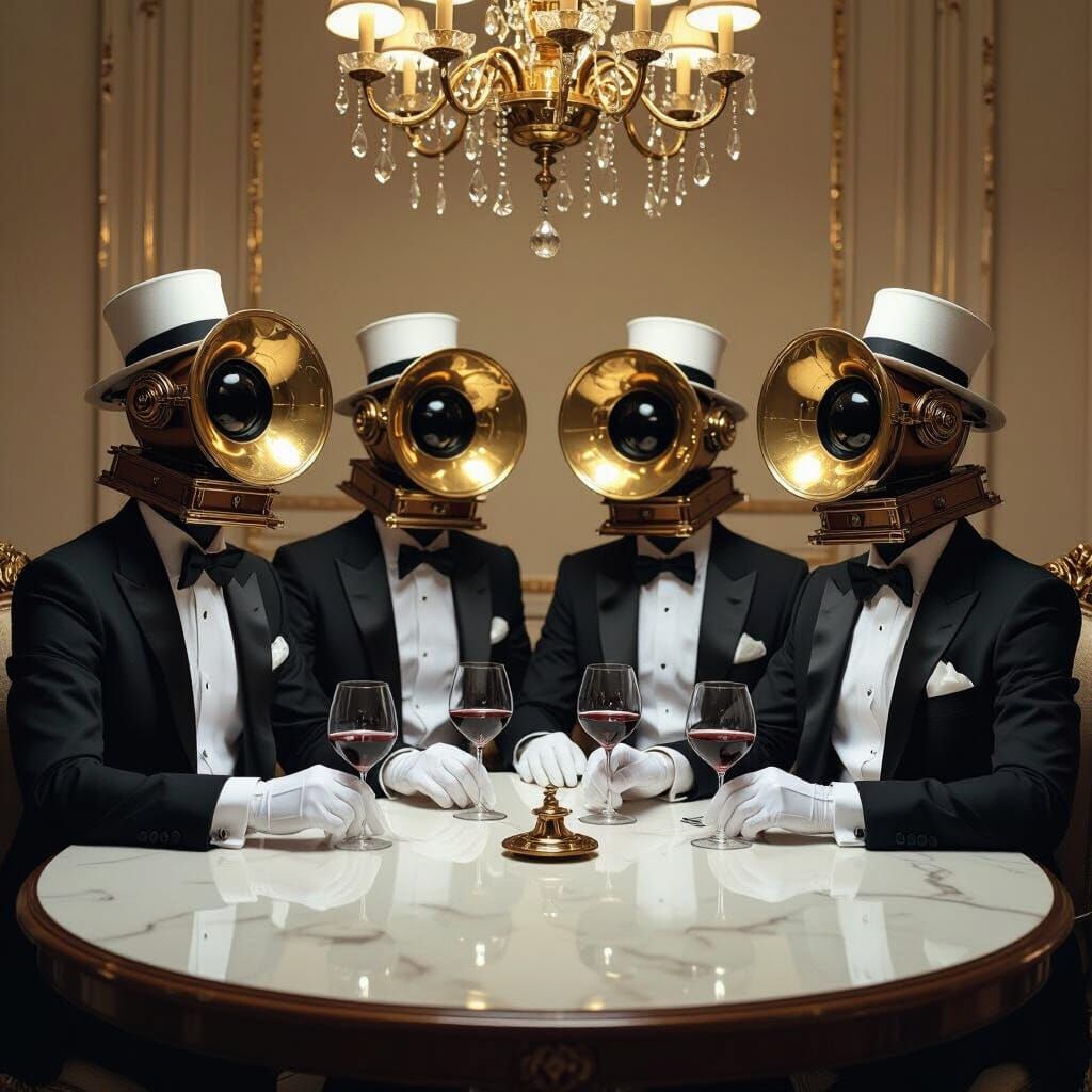 Surreal Gramophone Heads in a Dali-esque Scene