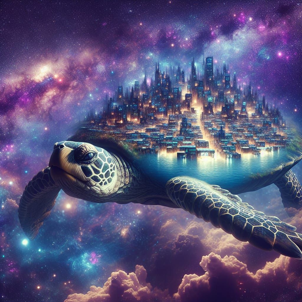 Gigantic Turtle Cruises Through Cosmic City in a Maximalist....