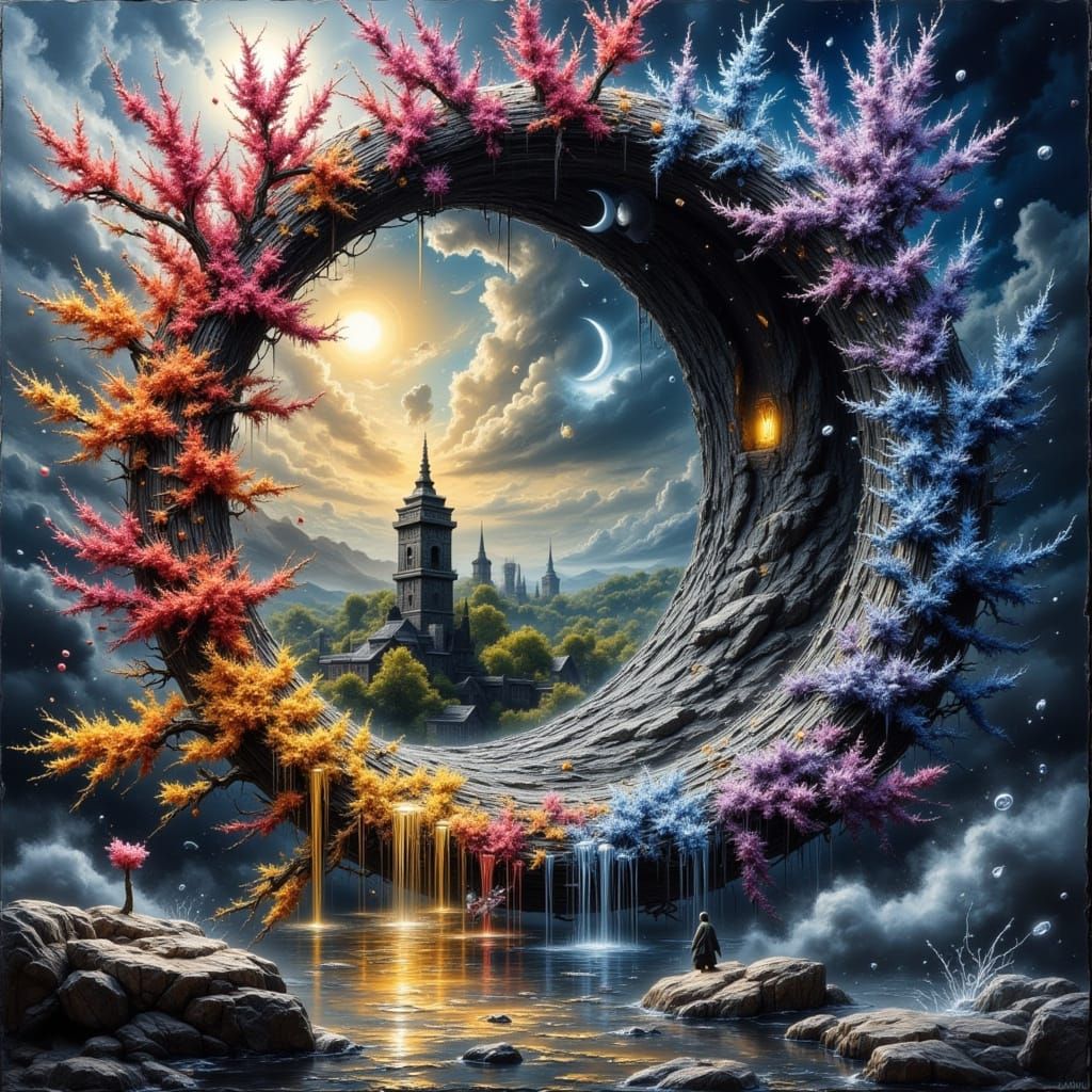 Four Seasons Double Exposure in Psychedelic Art Style