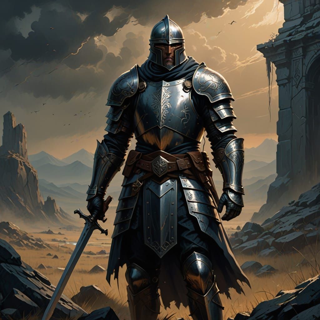 Heroic Knight on Desolate Battlefield in Frazetta Style