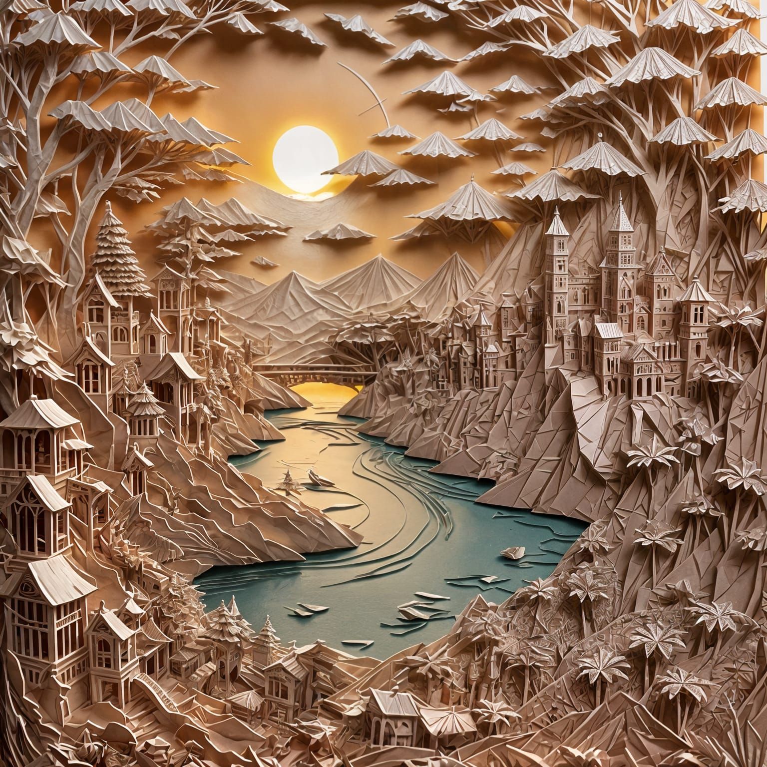 Vibrant Kirigami Sunset Made from Intricately Folded Paper