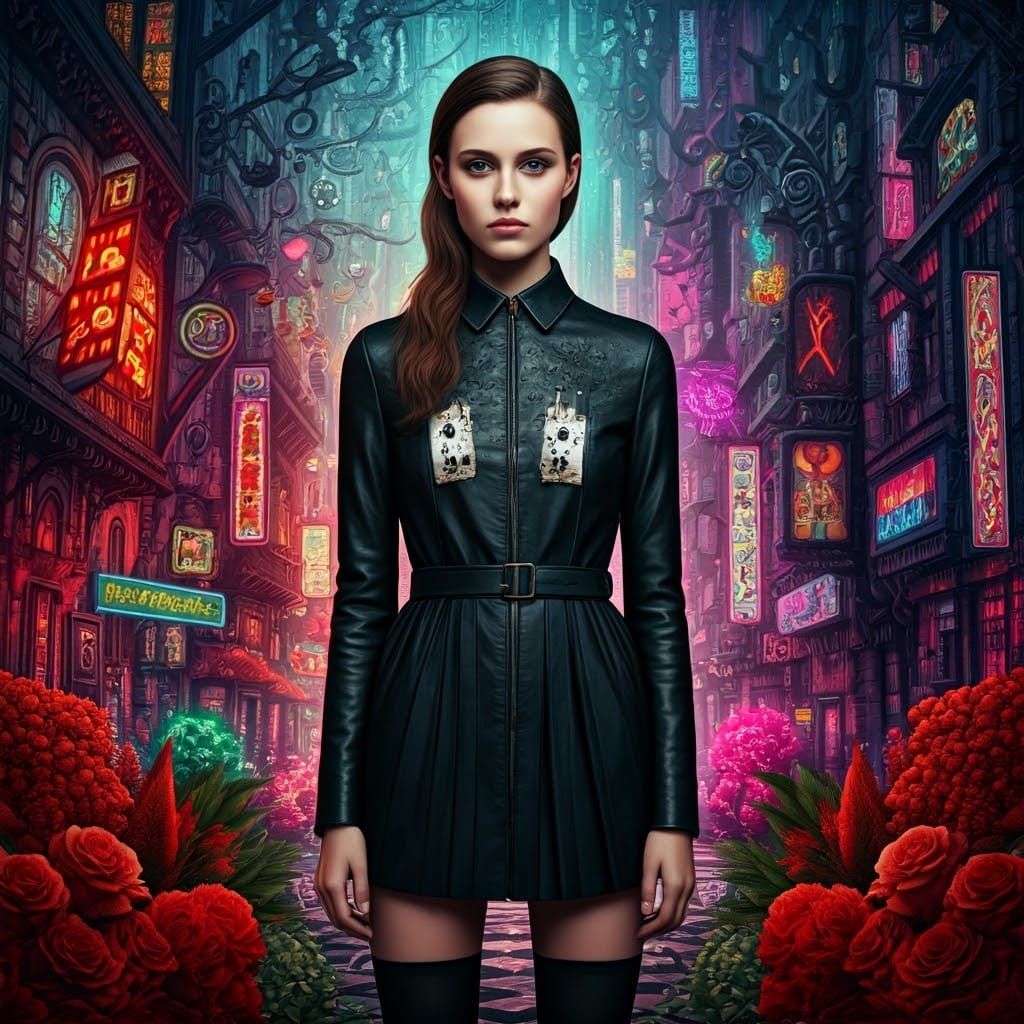 Cyberpunk Wonderland Fashionista in Neon Landscape