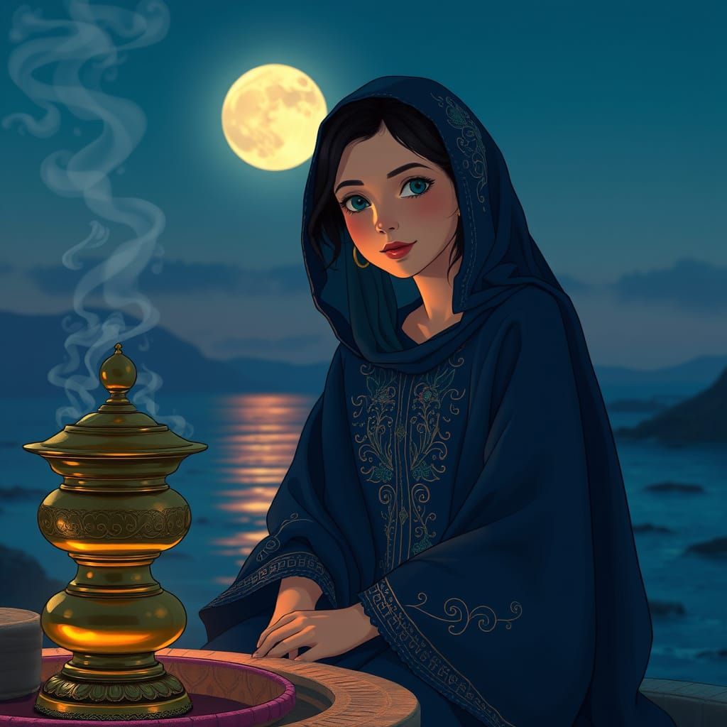 Iranian Woman with Samovar in Studio Ghibli Style