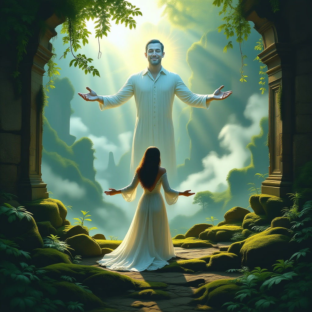 Woman on Ancient Ruin Overlooking Overgrown Valley