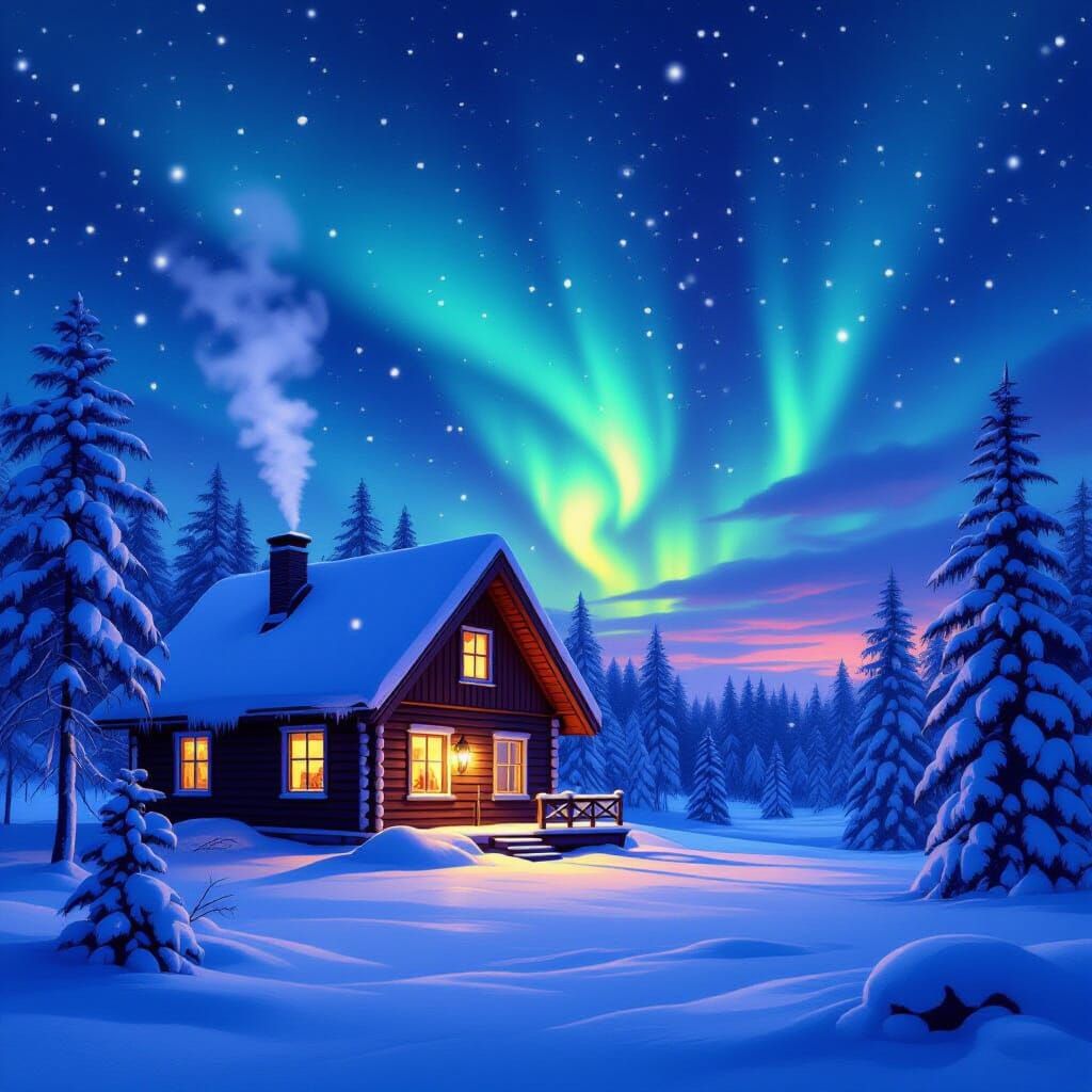 Cozy Finnish Cabin Under Northern Lights at Christmas