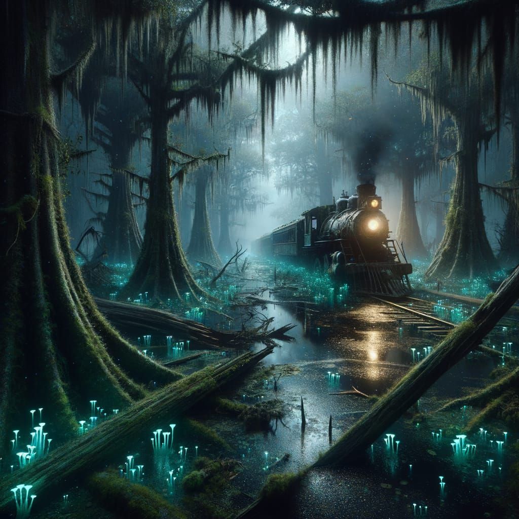 Eerie Bioluminescent Swamp with Decaying Train