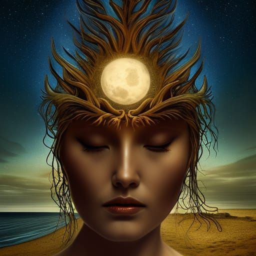 Mythological Goddess on Beach with Horned God