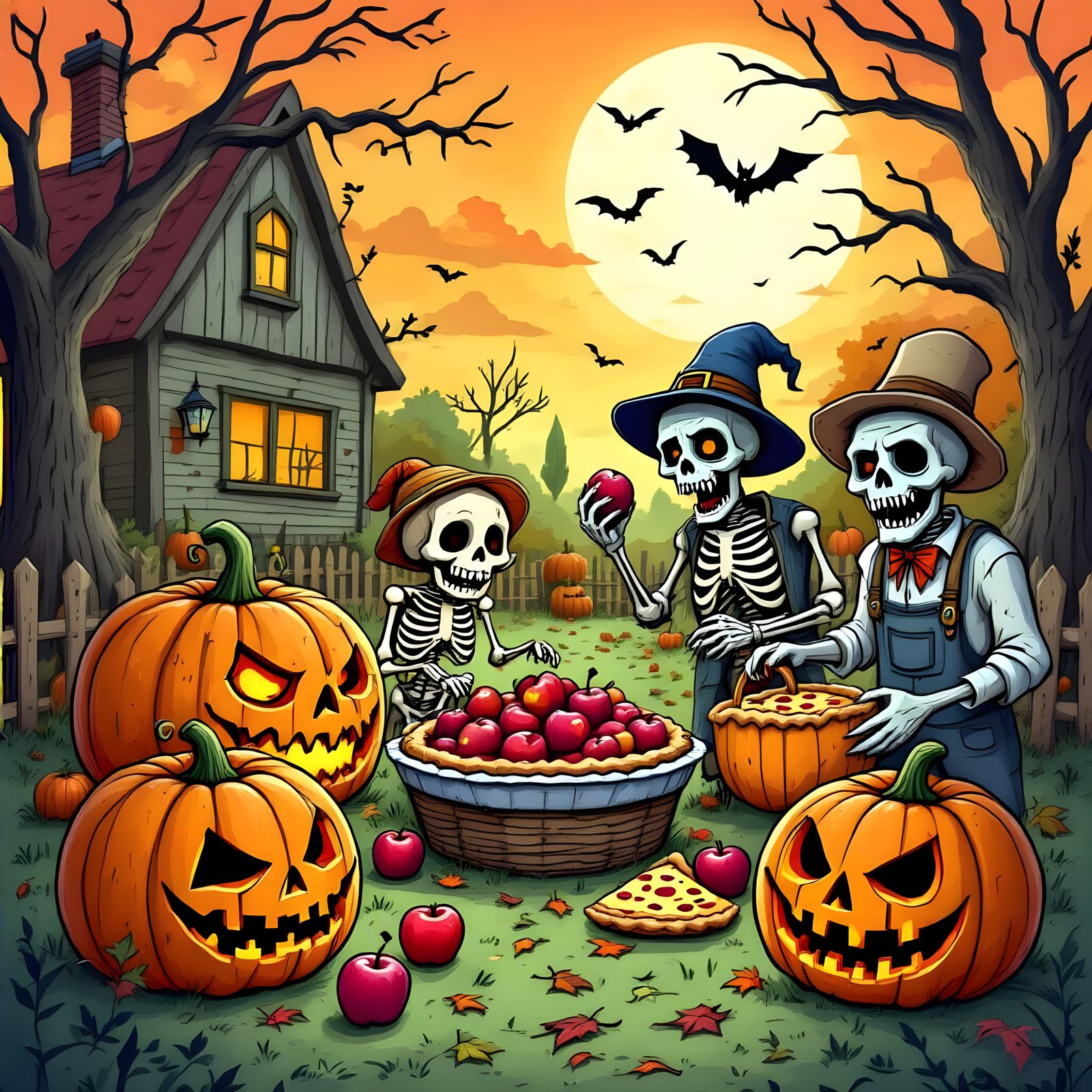 Spooky Harvest Festival with Monstrous Pumpkins and Skeleton...