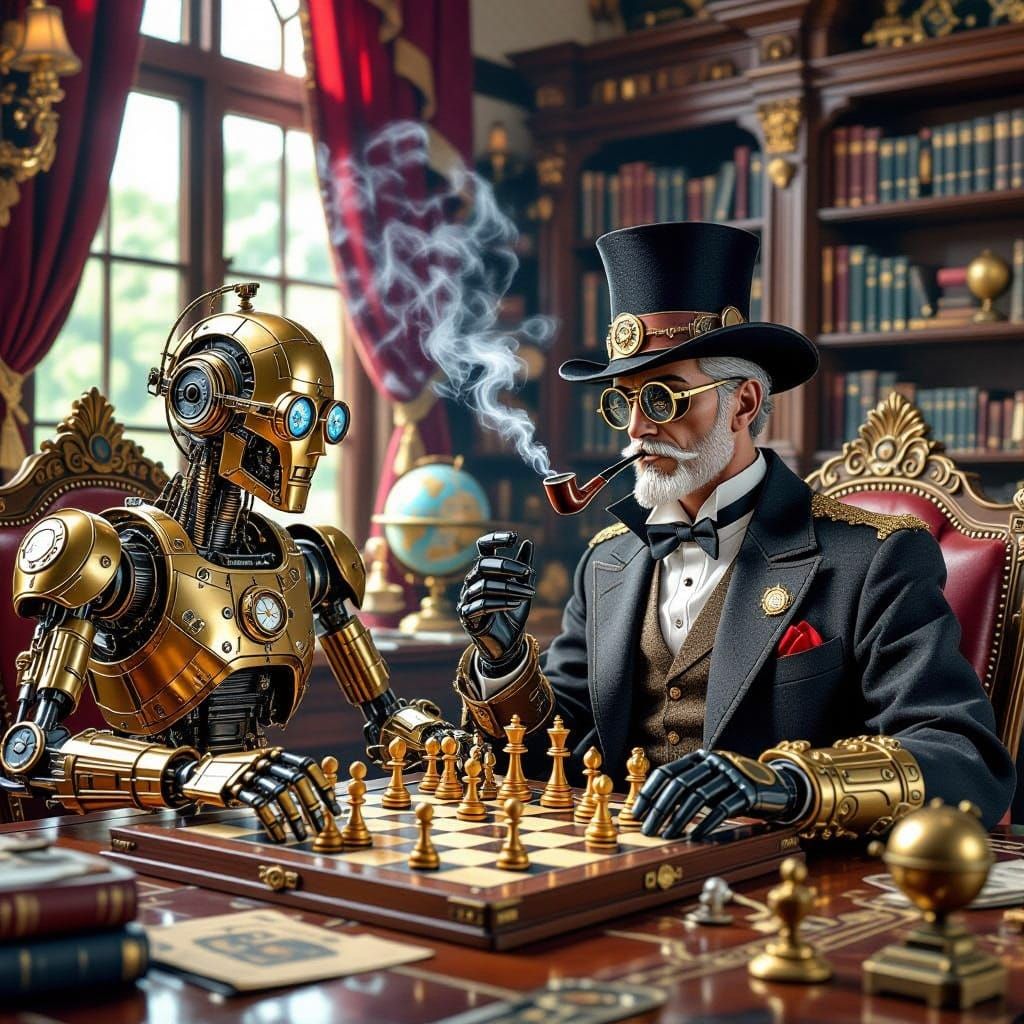 Steampunk Automaton Chess Match in Victorian Study