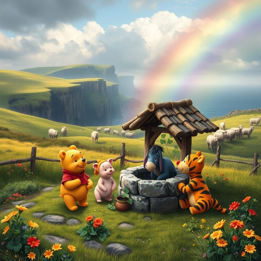 Whimsical Irish Countryside Scene with Winnie the Pooh and F...