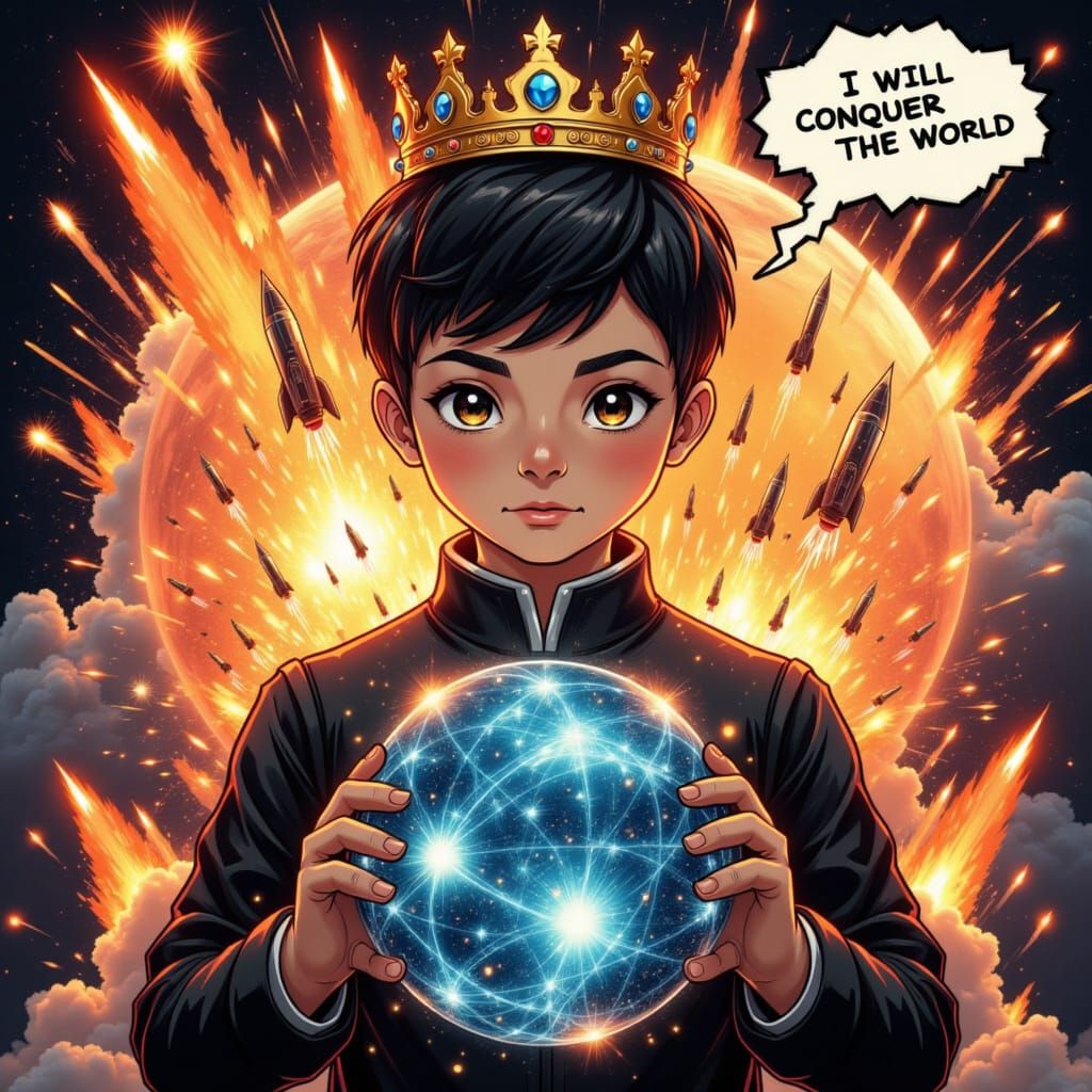 Boy Plans World Domination with Futuristic Backdrop