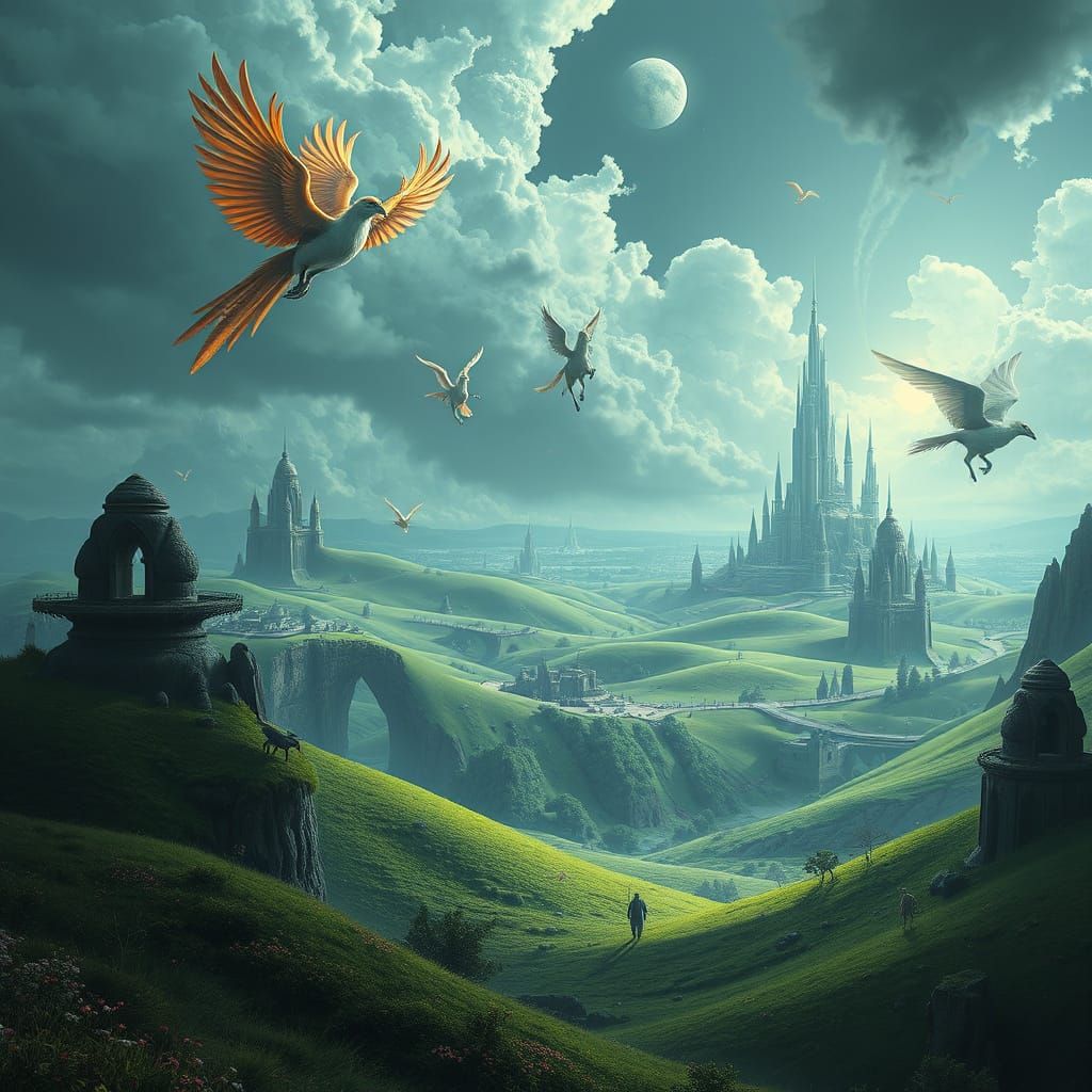 Ethereal Fantasy Realm with Phoenixes and Unicorns in a Dete...