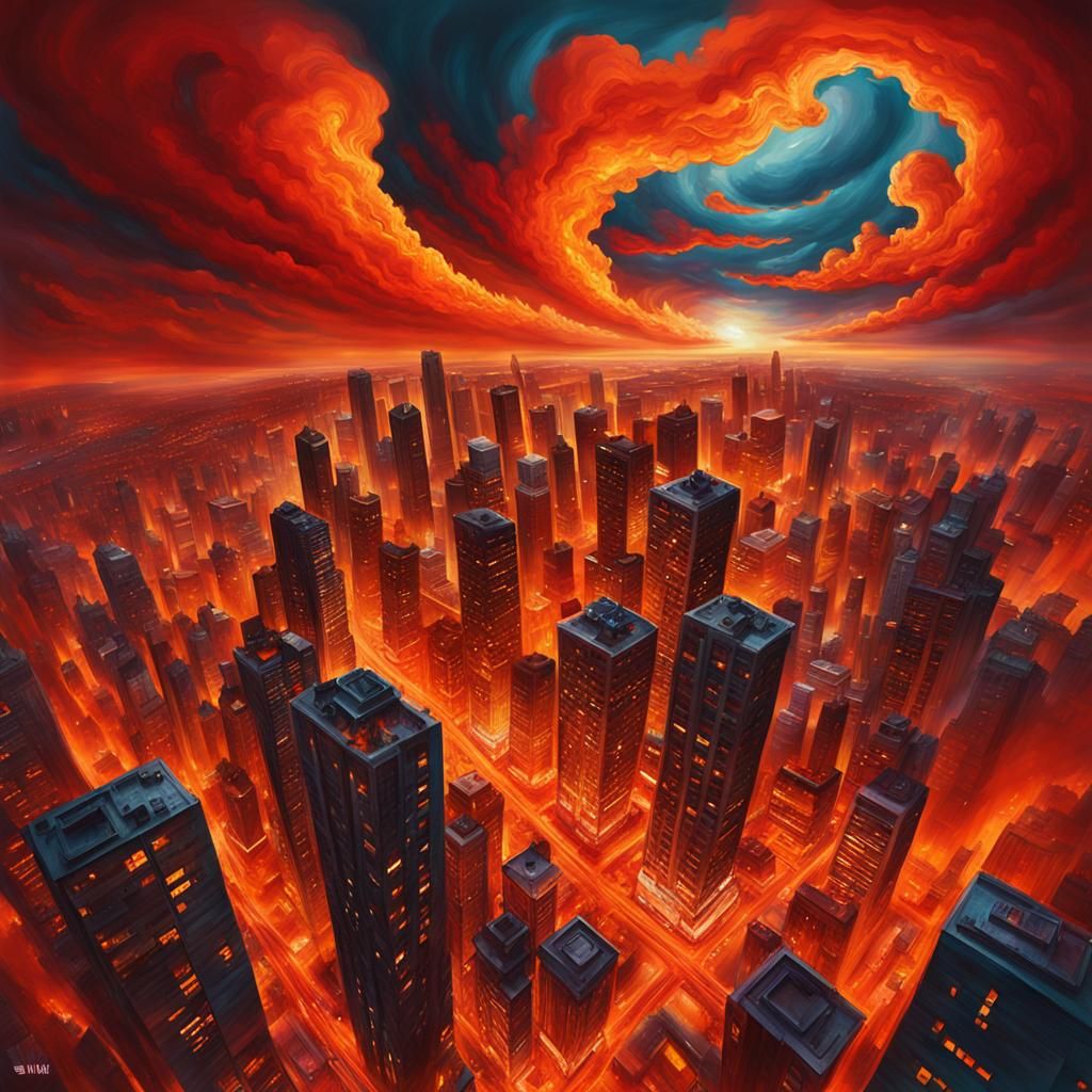 Surreal Brazilian Metropolis Ablaze in Vibrant Oil Painting