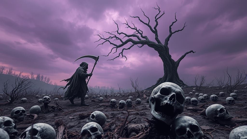 Grim Reaper's Desolate Journey in a Bruised Purple Haze