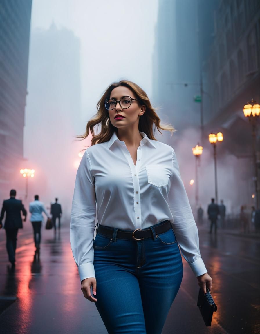 Elegant City Woman Strolls Through Fog in Cinematic Style