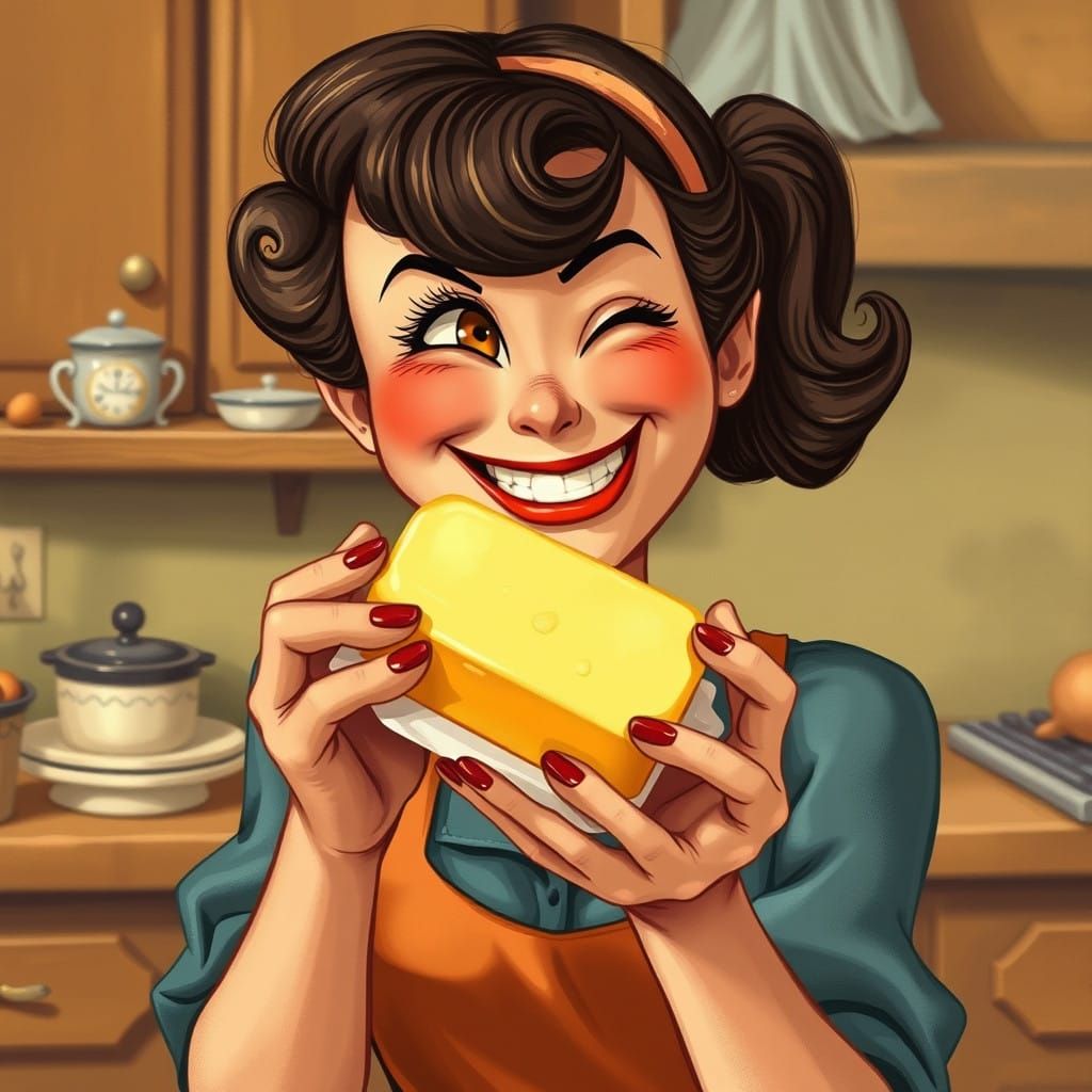 Whimsical Woman with Golden Butter, in Vintage Kitchen Style