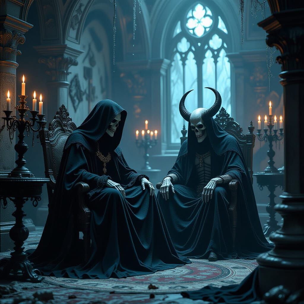 Grim Reaper Hosts Gothic Podcast in Dark Art Style