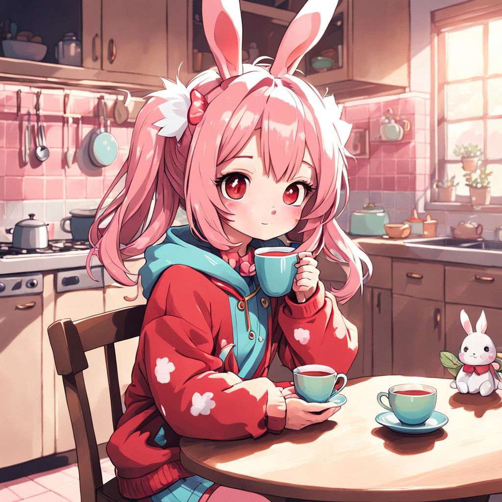 Kawaii Anime Girl in Cozy Kitchen Scene