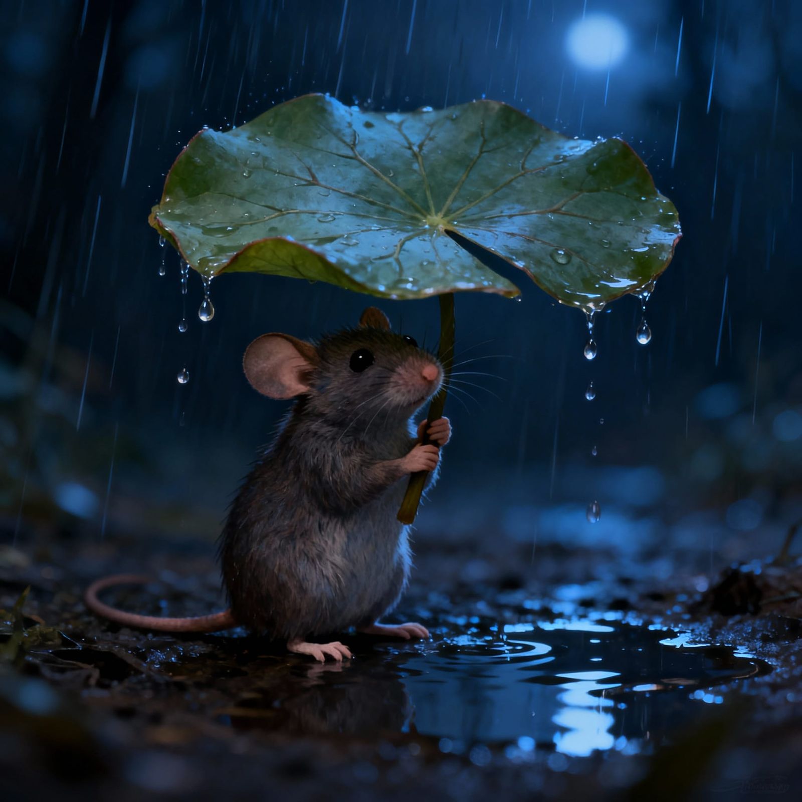 Mouse Shelters From Rain Under Lilypad in Dark Fantasy Style