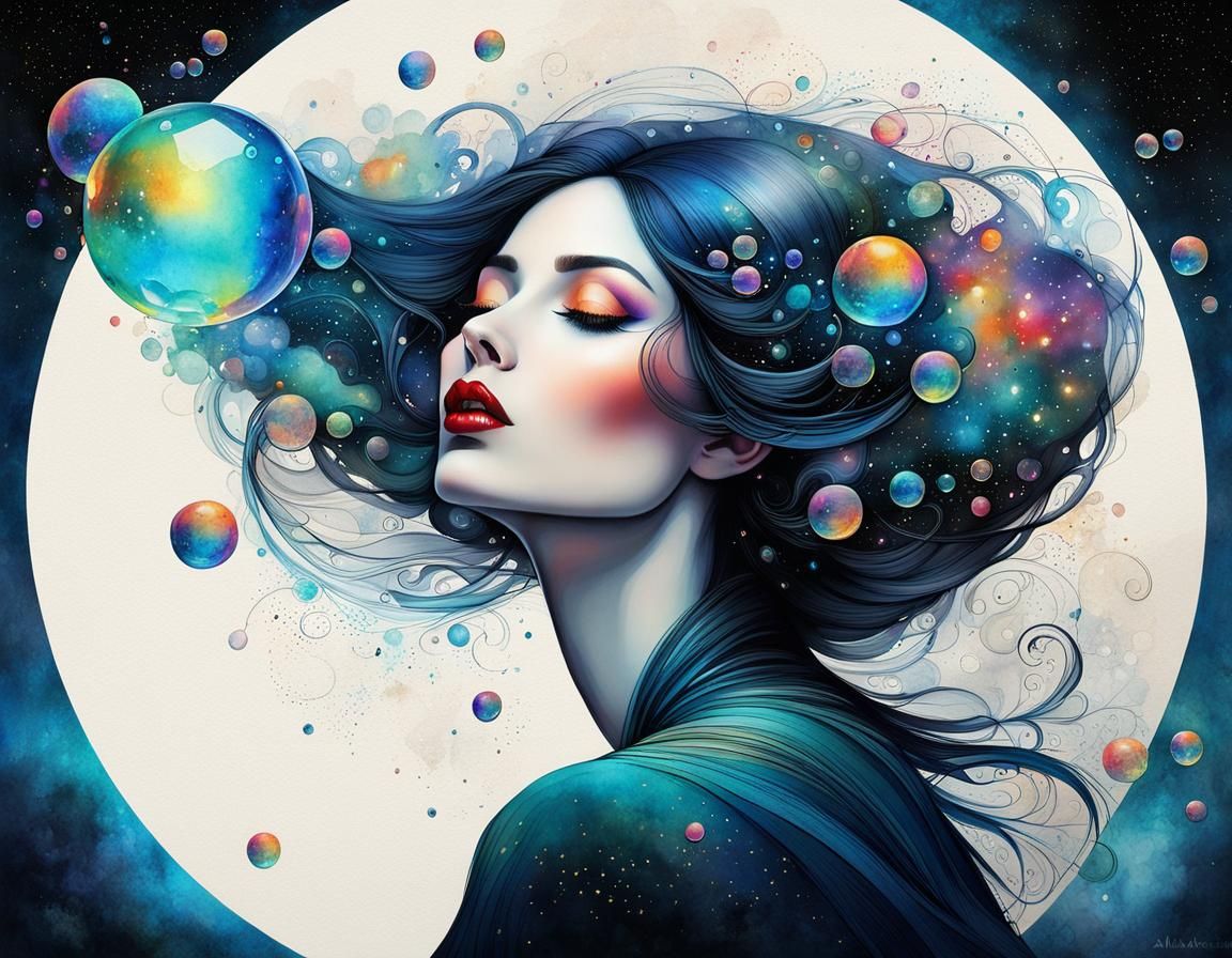 Whimsical Galaxies Emerge from Gentle Bubbles in Watercolor....