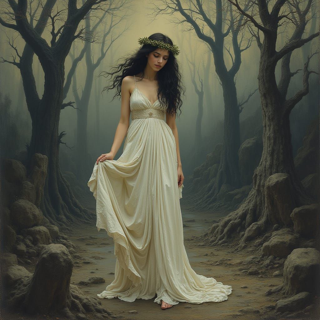 Pre-Raphaelite Queen of the Underworld in Gray Landscape