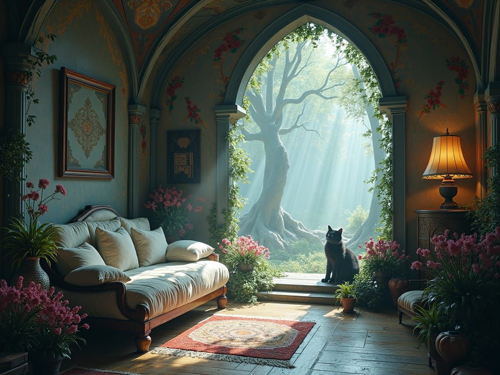 Ethereal Silver and Black Fairy Realm with Majestic Cat