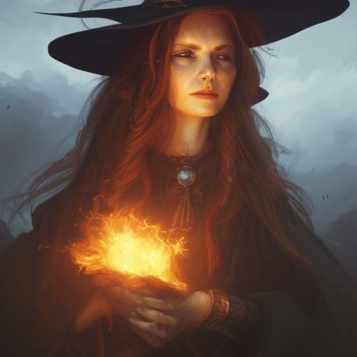 Dark Fantasy Witch in a Burning Village, Masterpiece Concept...